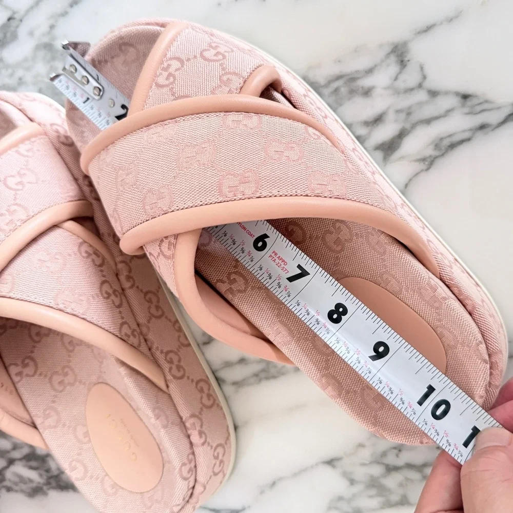 Gucci GG Canvas Platform Slide Sandals Pink Crisscross 816798 FAD9D 6845 Size 39